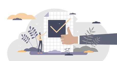 Confirm ok sign in checkbox and positive thumbs up in tiny persons concept, transparent background. Symbolic scene with approve, accept and validation elements illustration.