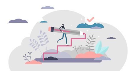 Creating opportunity abstract concept, flat tiny person illustration, transparent background. Personal goals and company vision development growth ladder.