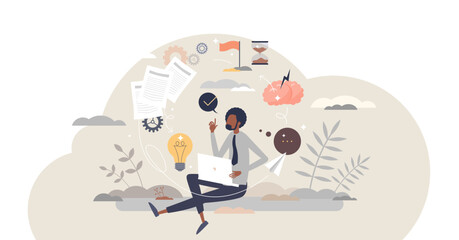 Creative process and innovative idea project thinking tiny person concept, transparent background. Research and new work planning with brainstorming, solution finding and creativity illustration.