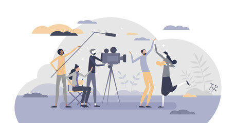 Movie making industry and cinematography filming process tiny person concept, transparent background. Director, actors, producer and cameraman as creative motion pictures team illustration. - obrazy, fototapety, plakaty