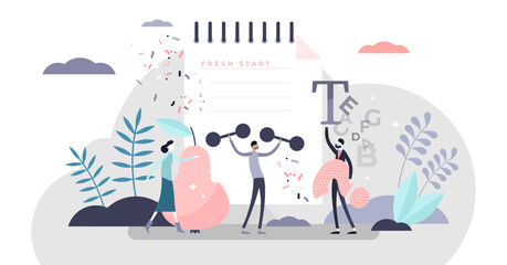 New year resolution illustration, transparent background. Commitment in flat tiny persons concept. Beginning of sports activity, healthy eating and better learning strategy.