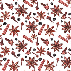 Watercolor pattern. Seamless texture with cinnamon, anise, cloves and pepper and spices