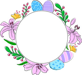 Easter design with flowers, eggs. Easter banner, poster, greeting card. Vector illustration.