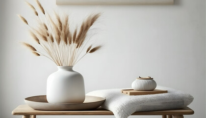 Modern white ceramic vase with dry Lagurus ovatus grass and marble tray on vintage wooden bench, table. Blurred beige linen blanket in front. Scandinavian interior. Empty white wall, copy space