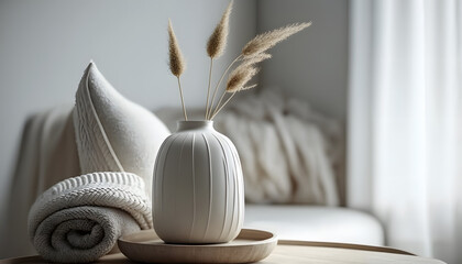 Fototapeta na wymiar Modern white ceramic vase with dry Lagurus ovatus grass and marble tray on vintage wooden bench, table. Blurred beige linen blanket in front. Scandinavian interior. Empty white wall, copy space