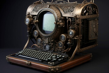 a steampunk computer with a monitor and keyboard created by generative ai