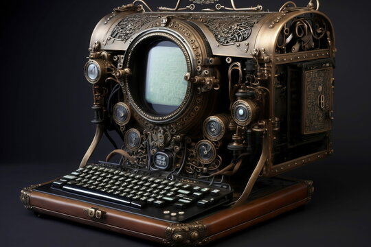 a steampunk computer with a monitor and keyboard created by generative ai