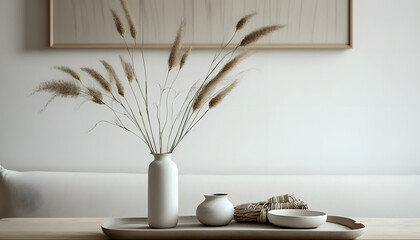 Modern white ceramic vase with dry Lagurus ovatus grass and marble tray on vintage wooden bench, table. Blurred beige linen blanket in front. Scandinavian interior. Empty white wall, copy space