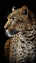 Fototapeta na wymiar leopard facing sideways on black background