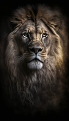 lion king facing forward on black background - obrazy, fototapety, plakaty