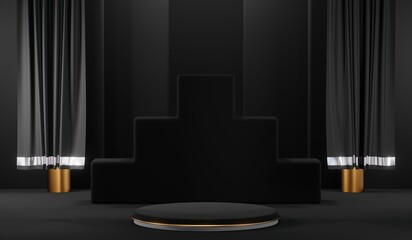 3d render black podium background showcases a premium, minimal and modern design with a combination of geometric shapes, golden glitter and a realistic studio room setting, creating a perfect platform