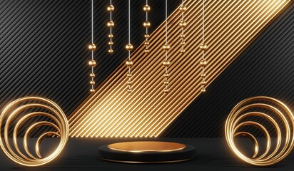 Fototapeta premium 3d render black podium background showcases a premium, minimal and modern design with a combination of geometric shapes, golden glitter and a realistic studio room setting, creating a perfect platform