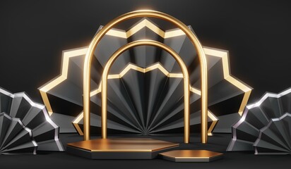 Fototapeta na wymiar 3d render black podium background showcases a premium, minimal and modern design with a combination of geometric shapes, golden glitter and a realistic studio room setting, creating a perfect platform
