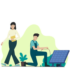 Illustration characters repair solar panels environment
