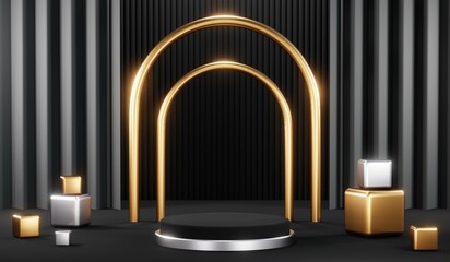 3d render black podium background showcases a premium, minimal and modern design with a combination of geometric shapes, golden glitter and a realistic studio room setting, creating a perfect platform