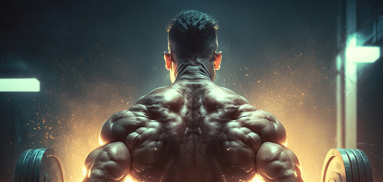 muscular back of a male athlete bodybuilder exercising in the gym. Generative AI