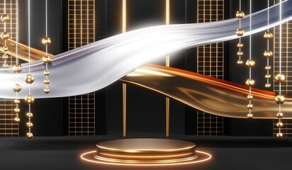 Fototapeta premium 3d render black podium background showcases a premium, minimal and modern design with a combination of geometric shapes, golden glitter and a realistic studio room setting, creating a perfect platform