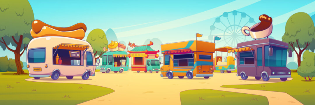 Street food trucks at trade fair in summer city park. Vector contemporary illustration of ice cream, hot dog, asian cuisine, coffee and snacks vans selling takeaway meal outdoors. Catering service