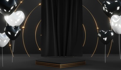 3d render black podium background showcases a premium, minimal and modern design with a combination of geometric shapes, golden glitter and a realistic studio room setting, creating a perfect platform