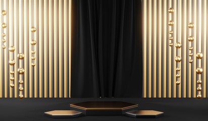 3d render black podium background showcases a premium, minimal and modern design with a combination of geometric shapes, golden glitter and a realistic studio room setting, creating a perfect platform