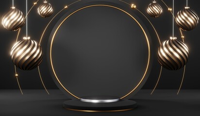 3d render black podium background showcases a premium, minimal and modern design with a combination of geometric shapes, golden glitter and a realistic studio room setting, creating a perfect platform