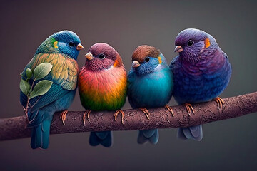 Lovebirds in a row on a branch. Generative AI