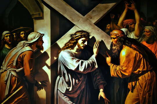 The painting fall of Jesus under the cross in church St. Johann der Evangelist (ai generated)