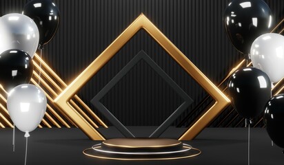 3d render black podium background showcases a premium, minimal and modern design with a combination of geometric shapes, golden glitter and a realistic studio room setting, creating a perfect platform