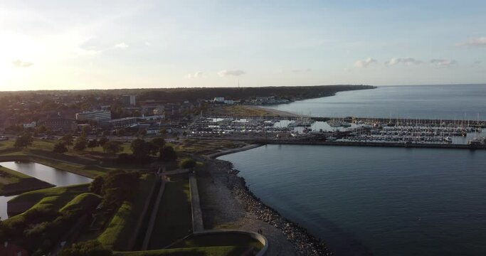 View of Kronborg beach, and the port of Helsingor, Denmark, is seen nearby. Next door is Kronborg Castle