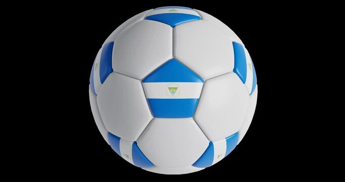 Soccer ball with flag of Nicaragua , black background loop alpha Trasparent 3D