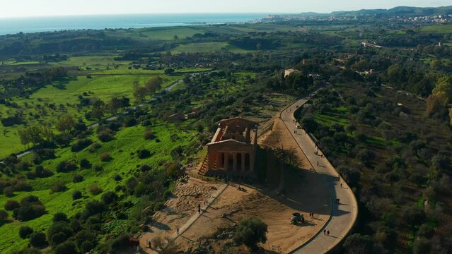 Aerial View Temple Of Concordia In the Valle dei Templi in Agrigento. Ascending Shot, Tilt Down