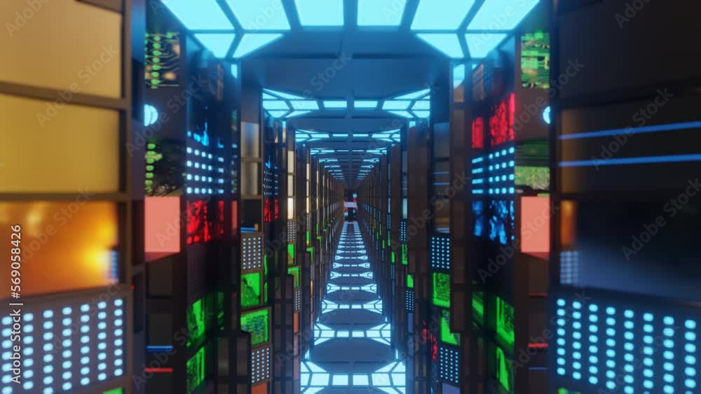 Poster movement along a dark corridor inside a fantastic spaceship. the camera flies through an endless tec