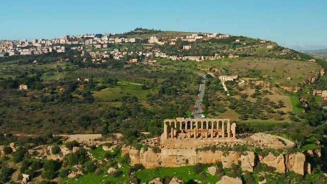 Aerial View Of The Temple of Hera Lacinia In The Valle dei Templi. Circle Dolly