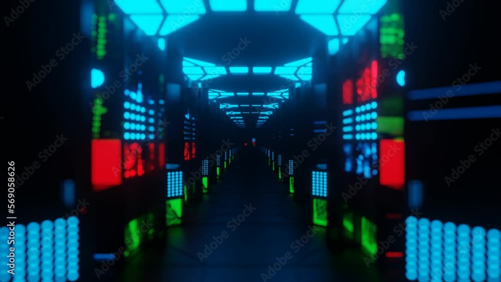 Poster movement along a dark corridor inside a fantastic spaceship. the camera flies through an endless tec