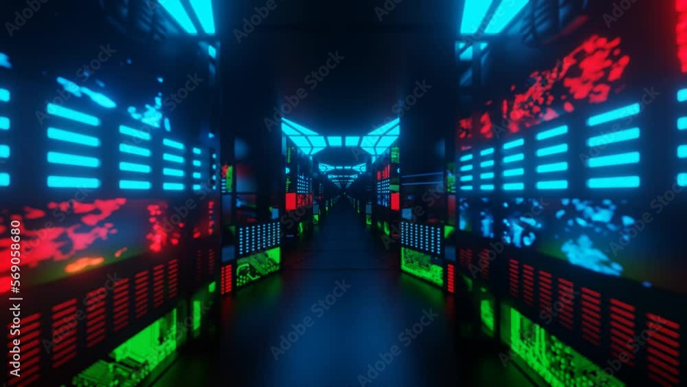 Aufkleber movement along a dark corridor inside a fantastic spaceship. the camera flies through an endless tec