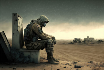 Soldier on apocalyptic landscape. Generative AI