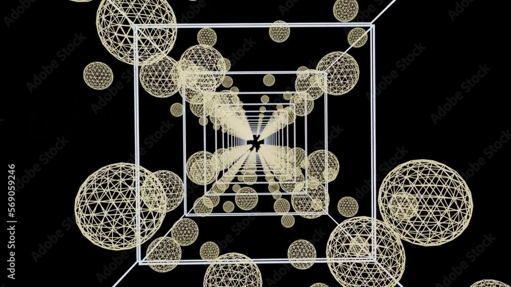 Poster black and white animated loop background. wireframes of spheres rotate inside cubes on a black backg