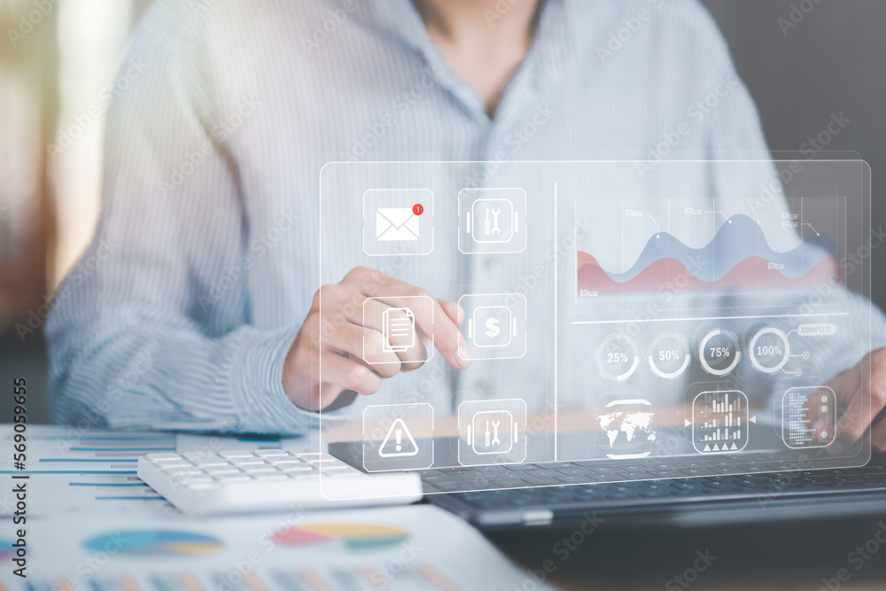 Poster accountant calculating numbers and company financial growth chart with calculator, analysis of company financial data planning, appraisal and budget review concept of finance and investment