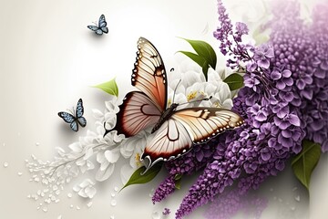 A Butterfly and Blooming Flowers on a Serene White Background