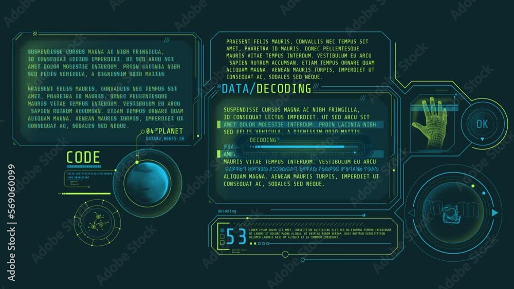 Poster animated infographics on the theme of data decoding.