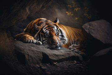 Tiger sleeping in nature, generative AI