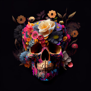 High contrast image of sugar skull used for "dia de los muertos" day of the dead celebration.