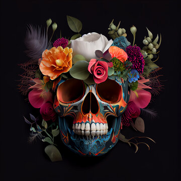 High contrast image of sugar skull used for "dia de los muertos" day of the dead celebration.