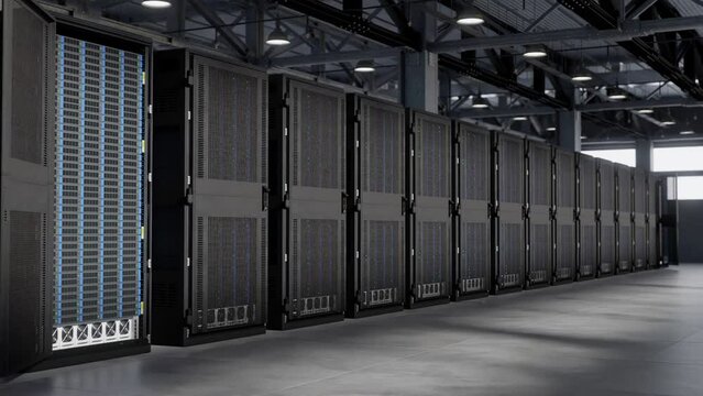 Server cluster in massive warehouse used for data storage - cloud computing
