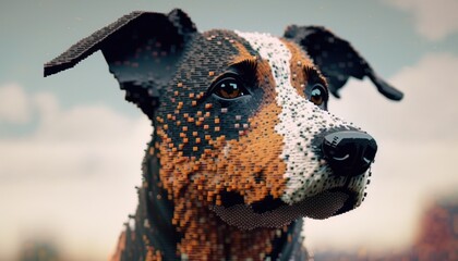 Creative 4k high resolution wallpaper art of a dog inspired by game movie with Blocky, pixelated and set in a procedurally generated world by Pointillism (generative AI)