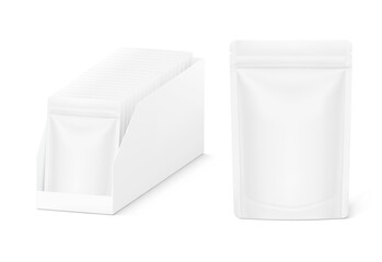 Open pos display box with pouch bags mockup. Vector illustration isolated on white background. Easy to use for your product. EPS10.	