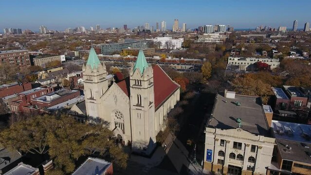 Aerial View of St. Josaphat Catholic Church in Chicago USA on Sunny Autumn Day. Polish Cathedral Style Landmark