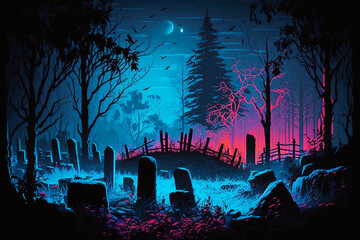 moonlit cemetery on a field. Generative AI - obrazy, fototapety, plakaty
