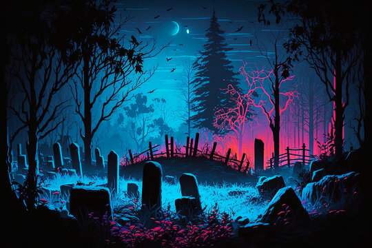 moonlit cemetery on a field. Generative AI