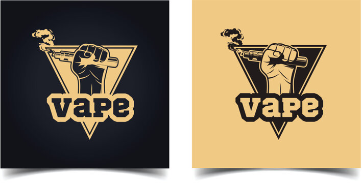 Vape, Vaporizer Logo design. Hand hold vape pen with e-cigarette device Isolated on black background